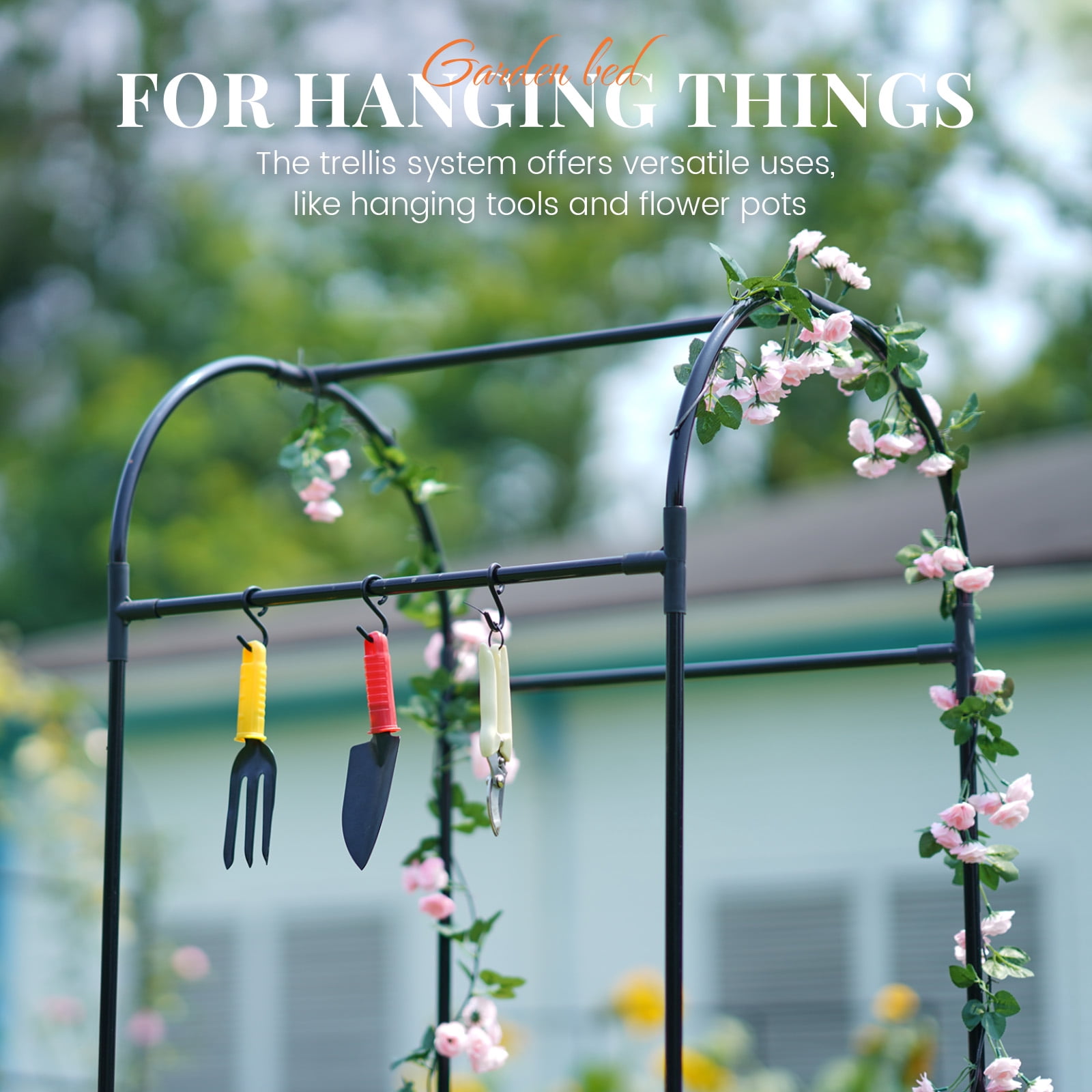 KING BIRD 4x2x1 ft Raised Garden Bed with Arched Trellis Galvanized Steel Metal Planter Garden Box Outdoor for Gardening Climbing Vegetables Flowers Dark Gray