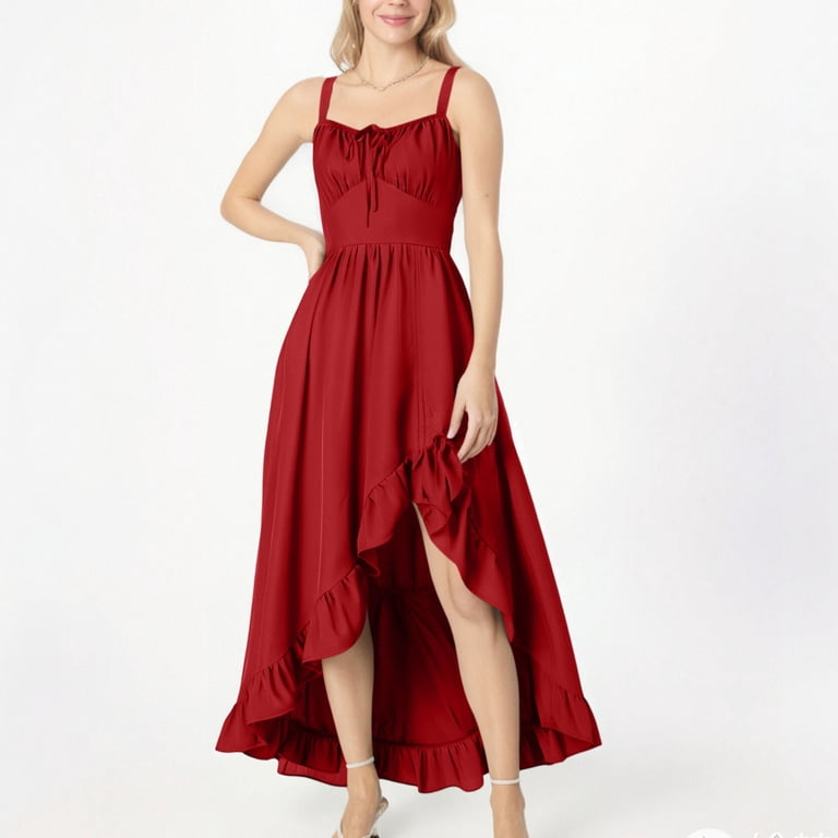 tight but flowy dresses Kctiaxy for Women Front Keyhole Spaghetti Strap Fitting Long Dress High Low Ruffle Split Hem Dresses Halloween Costumes ringbearer