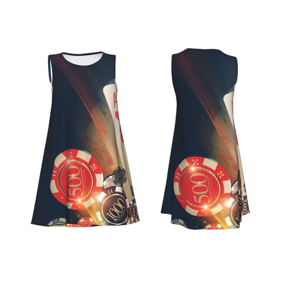 Horeoi Casino Poker Chips Print Women's Sleeveless Dress Cotton-like Flared Hem Deep Side Pockets Above-Knee
