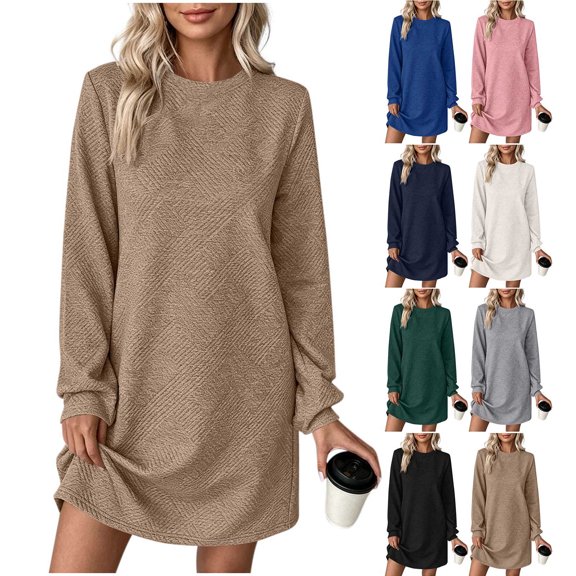 Vynhevius Womens Solid Textured Dress Crew Neck Long Sleeve Casual Loose Mini