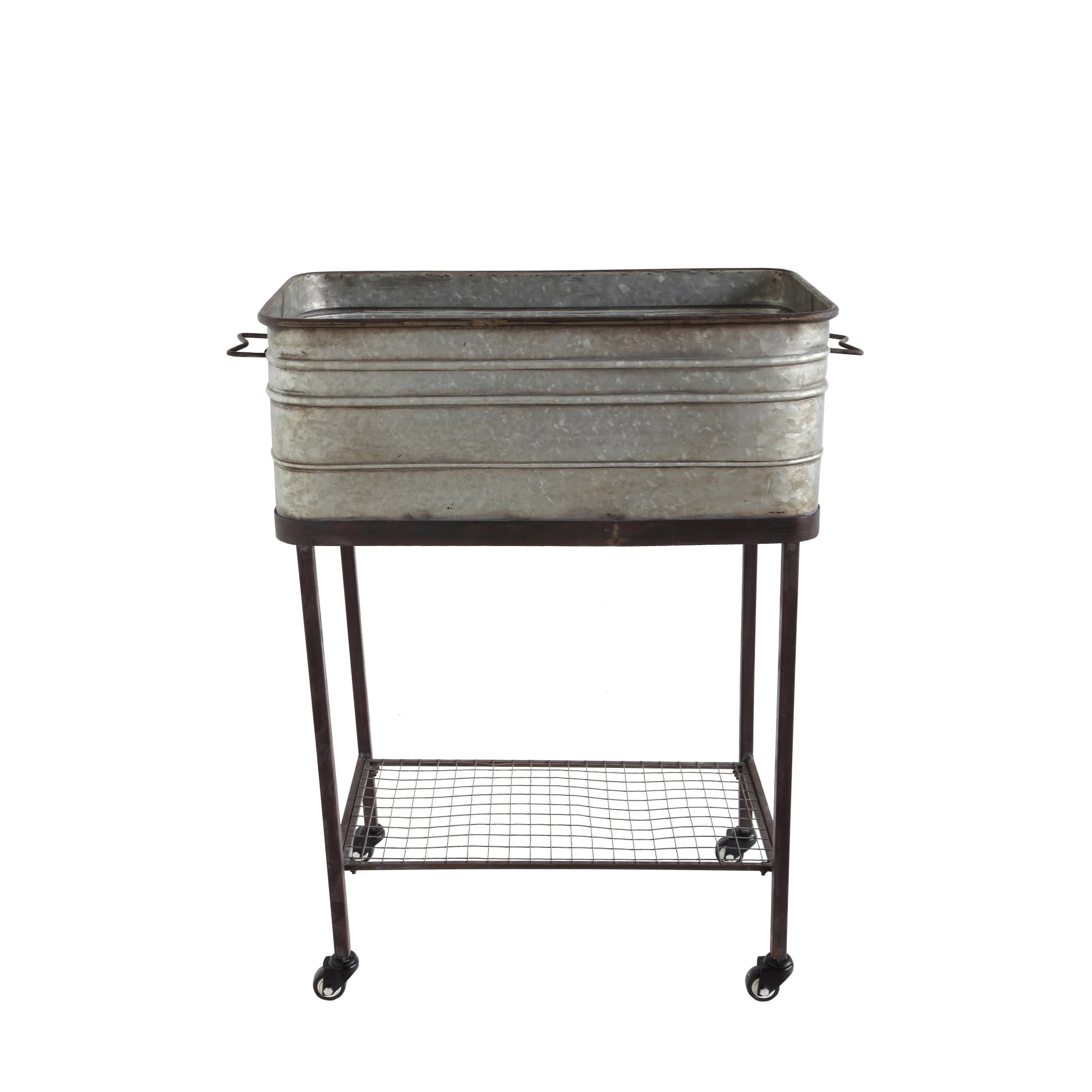 Creative Co-Op Metal Planter Tub on Stand with Rolling Wheels, Galvanized Silver and Black