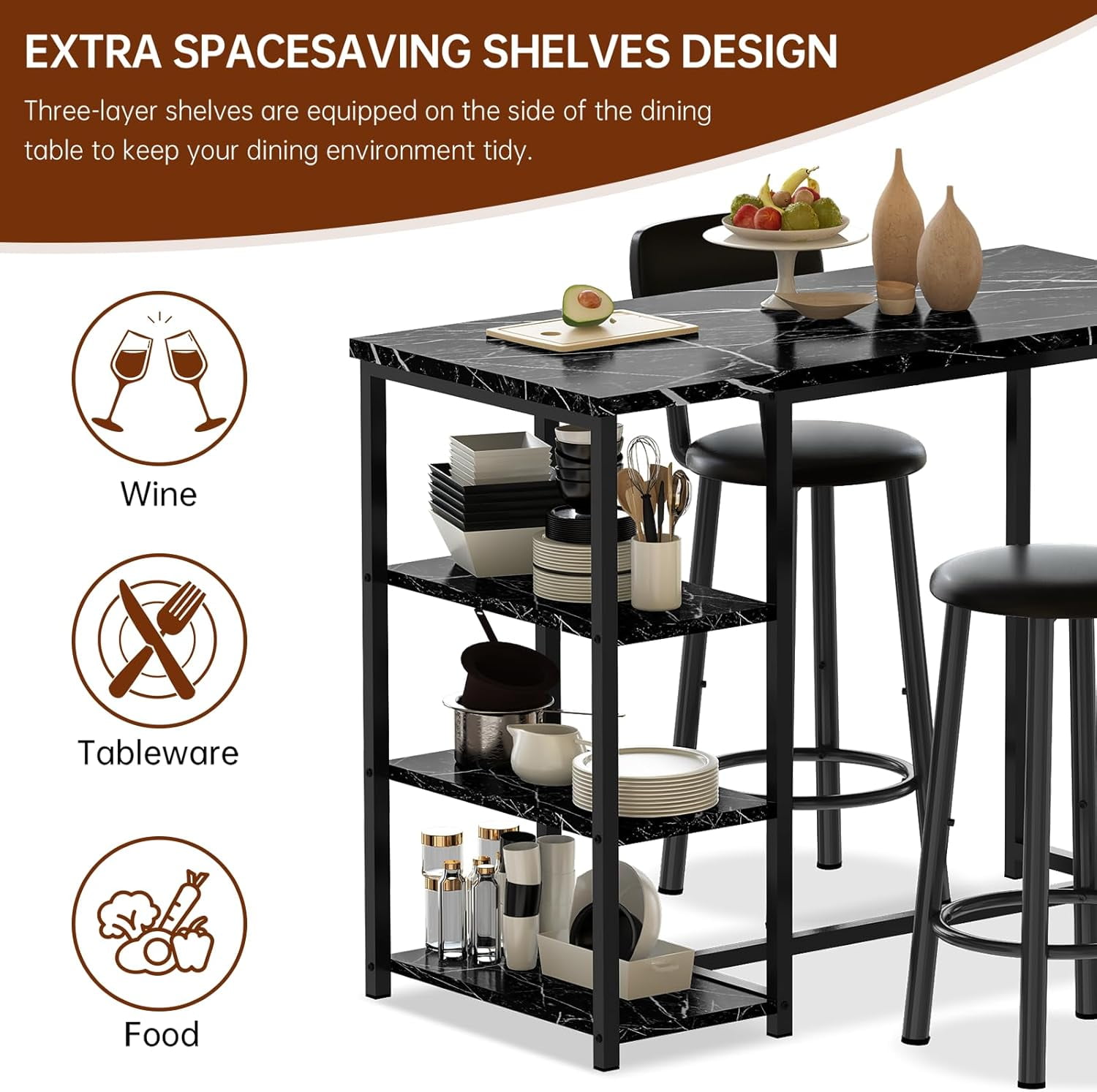 LinkRomat Dining Table Set for 2,3 Piece Pub Table and Chairs Set with Storage Shelves, Small Space Bistro Kitchen & Bar Tables, Counter Height Dining Set, Black