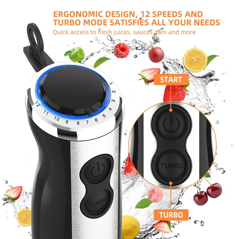 Acekool 800W Immersion Hand Blender, 12 Speed 5-in-1 Stainless Steel Stick  Blender with Turbo Mode, 600ML Beaker, Milk Frother, Egg Whisk for Puree