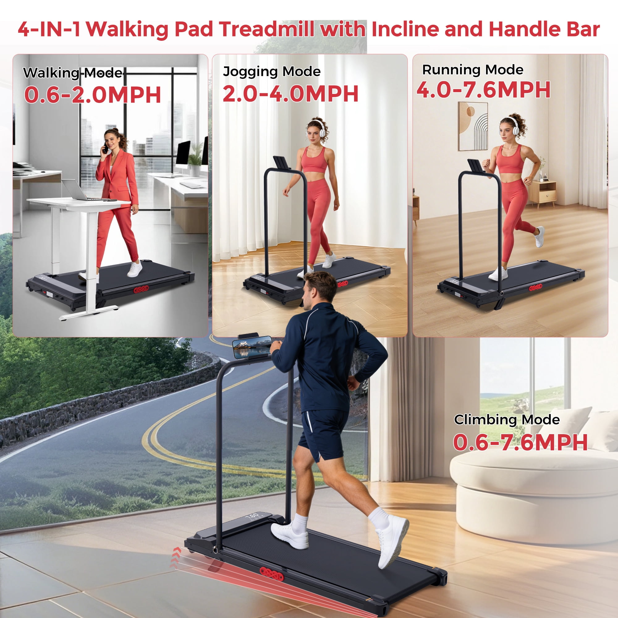 Foldable Walking Pad Treadmill with Handles, 3.0HP Compact Portable Running Machine for Home Fitness, 350LBS Capacity
