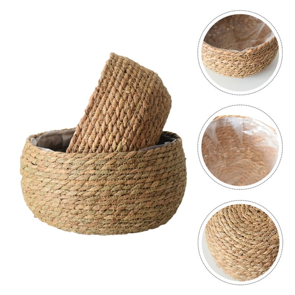 Woven Straw Basket for Storage and Decor Round Flowerpot Planter Khaki 1pc