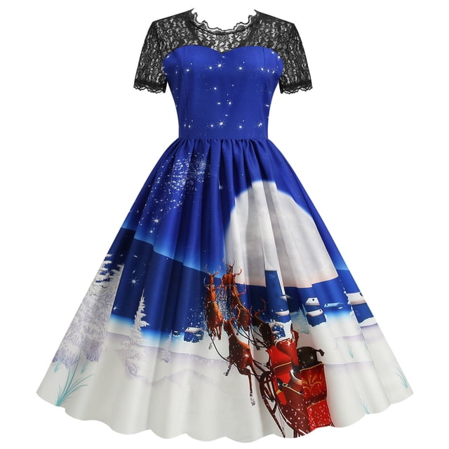 Pompotops Fashion Women Printing Splicing Lace Cultivation Large Type Evening Party Dress