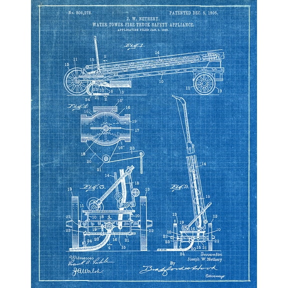 Original Water Tower Artwork Submitted In 1905 - Fire and Rescue - Patent Art Print