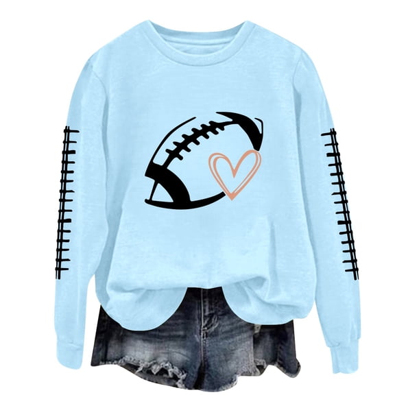 Game Day Sweatshirt Women Long Sleeve Crew Neck Cute Sweatshirts Rugby Shirt Baggy Plain Tops Summer Must Haves Workout Tops Heart Graphic Fall Must Haves Football Print Sports Hiking Light Blue