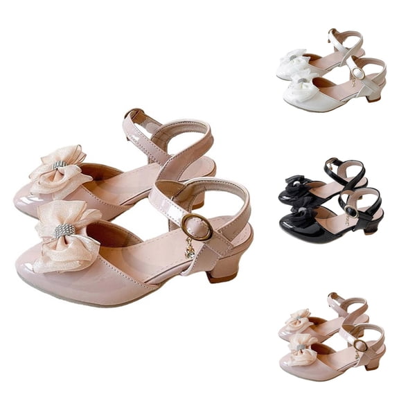 SGFCWSX Girls Heels Kids Bow Rhinestone Ankle Strap Low Heel Closed Toe Flower Girl Shoes Pink Size 1 Big Kids
