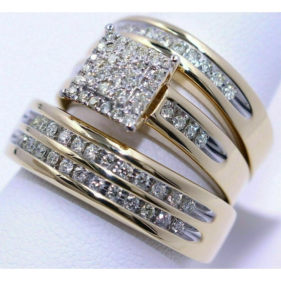 His & Her Wedding Trio Ring Set 3Ct Round Simulated Diamond 14k Yellow Gold Plated 925 Silver