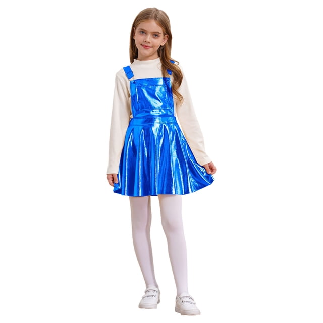 TiaoBug Costume de Danse Jazz Disco pour Filles Enfants Robe Salopette Métallique Réglable Robe Évasée pour Carnaval Bleu Royal 12