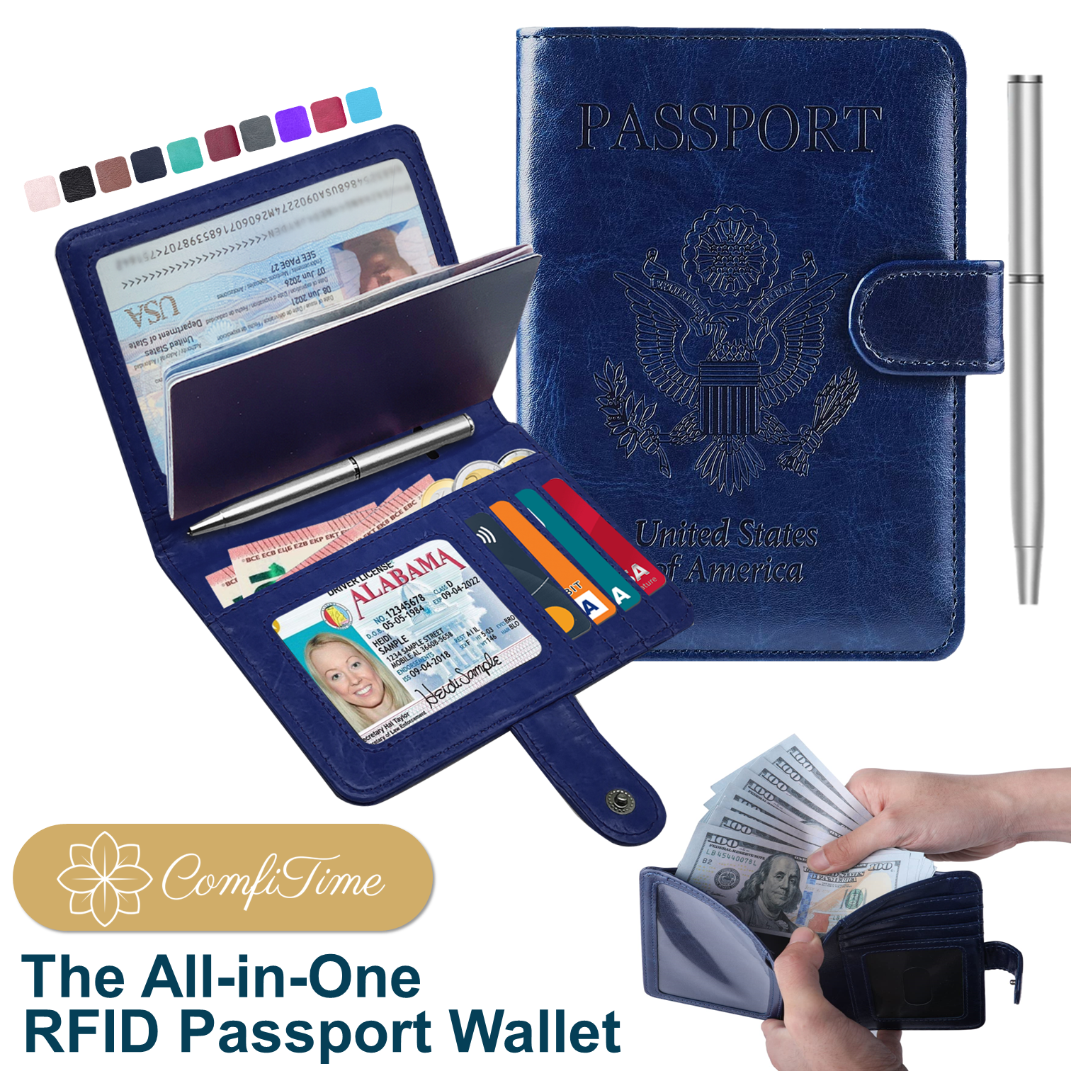 ComfiTime Passport Holder with RFID Blocking, Navy Blue photo 1