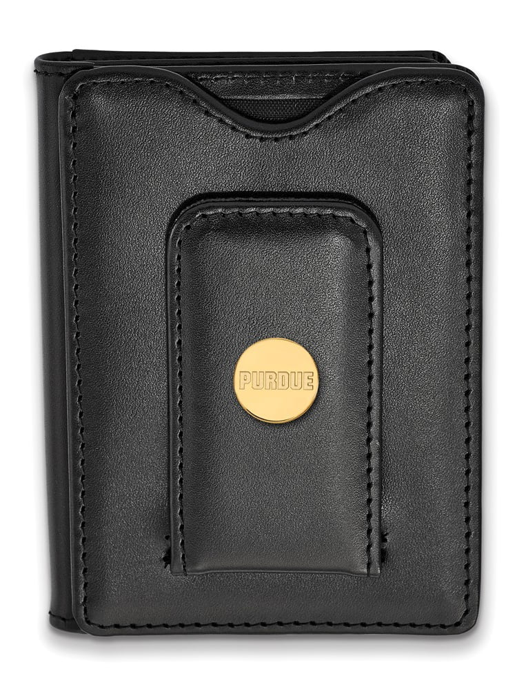 Solid 925 Sterling Silver with Gold-Toned Purdue Black Leather Wallet