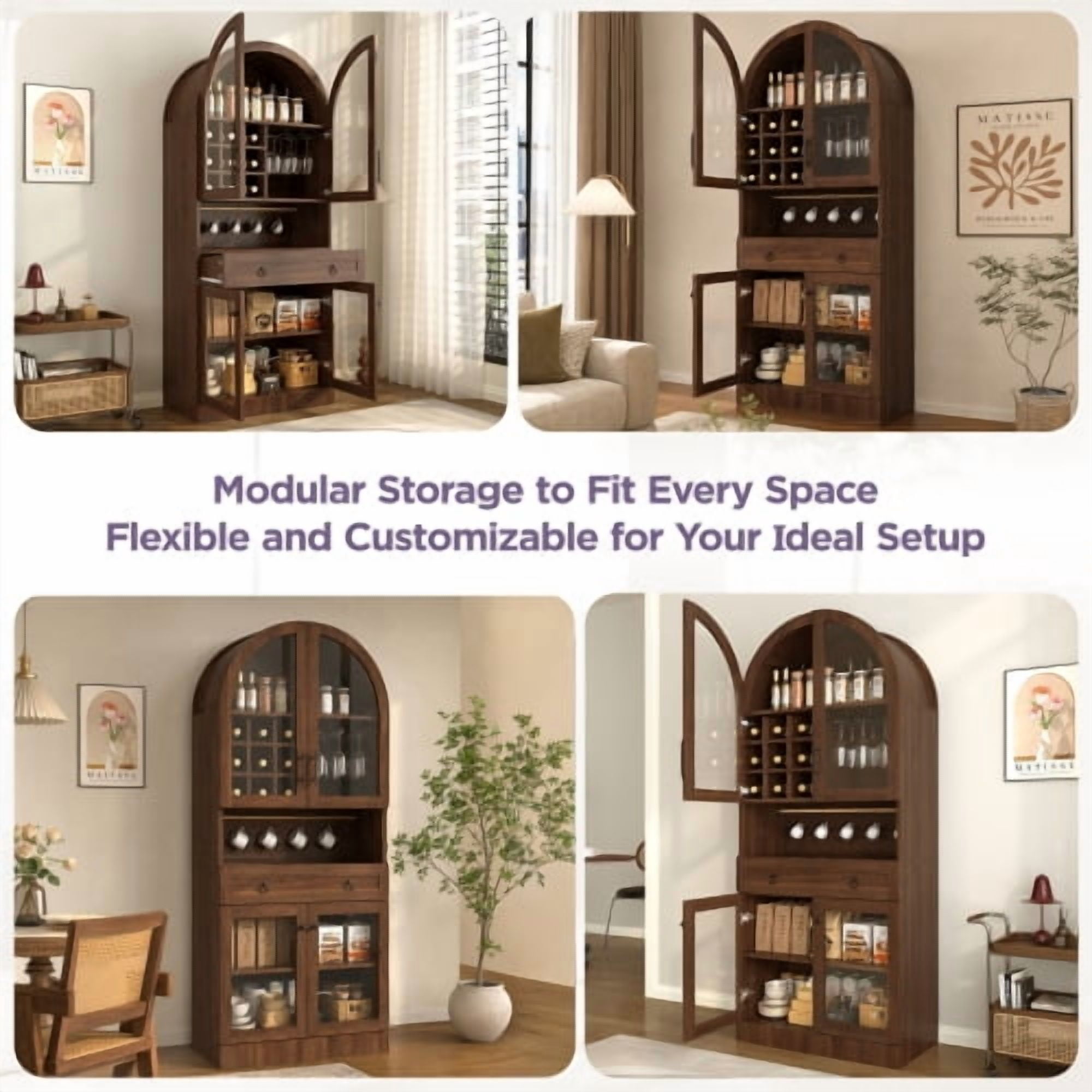 70" Tall Arched Bar Cabinet, Mid-Century Wine & Coffee Bar Cabinet with Tempered Glass Doors, 9 Wine Racks, 3 Glass Holders, Adjustable Shelf, 5 Hooks, Large Drawer, Walnut