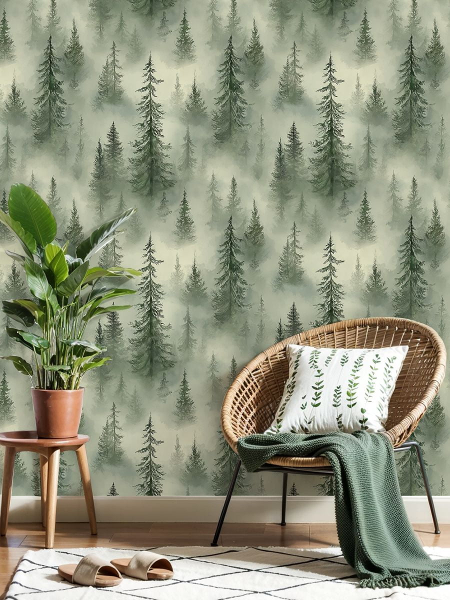 Peel and Stick Wallpaper 23.6in x 9.8ft Misty Botanical Forest Landscape Tall Pine Trees Foggy Contact Paper Vinyl Waterproof Self Adhesive Wall Paper for Bedroom Shelf Cabinet Renter Friendly