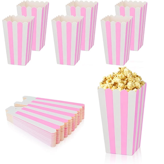 NOGIS 50 Pcs Pink Paper Popcorn Boxes, Small Pink and White Striped Popcorn Bags, Striped Patterned Decorative Boxes for Party Favors, Movie Theater Decorative Popcorn Container (Pink)