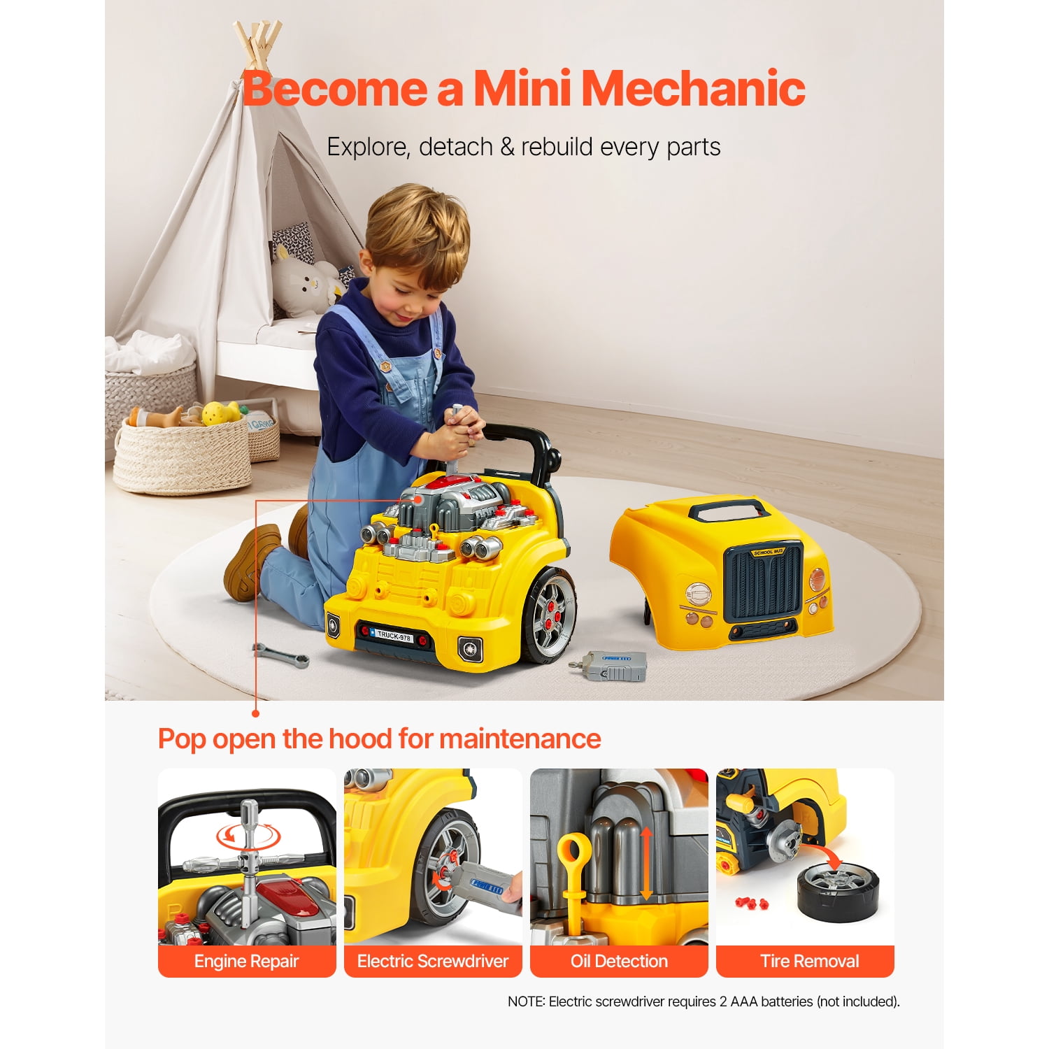 KFFKFF Engine Toy for Kids, 60-Piece Car Repair Playset with Detachable Components, Light and Sound Effects, Steering Wheel and Horn, Workshop Kit for Children Aged 3 and Older, Yellow