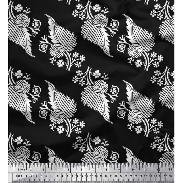 Soimoi Rayon Crepe Fabric Leaves & Floral Block Printed Fabric 1 Yard 46 Inch Wide