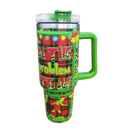 

Stainless Steel 40 oz Grinch Tumbler Cup with Handle and Lid Grinch Cup Insulated Tumbler with Silicone Boot Large Travel Water Bottle Christmas Grinch Pattern Christmas/Birthday Gift for Him/Her