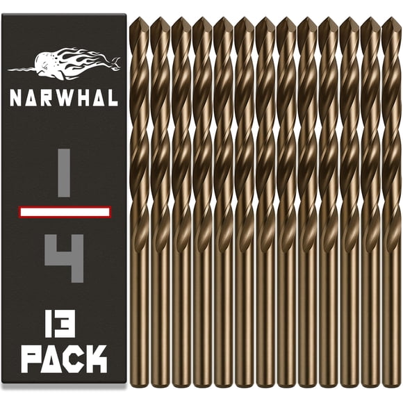 Narwhal 1/4" Drill Bits (M35 Cobalt - 13 Pack) 4 Inch Length for Drilling Into Metal, Hardened & Stainless Steel