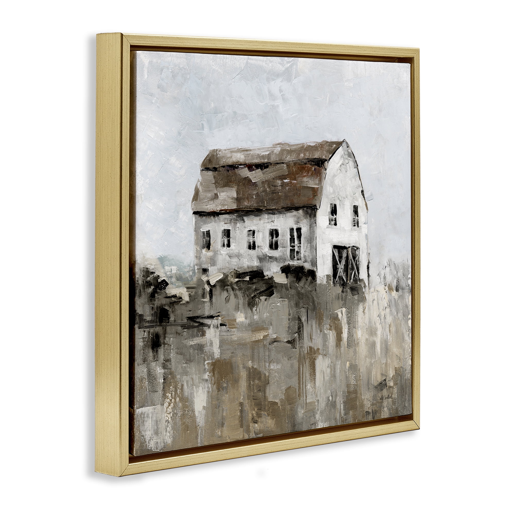Stupell Industries Rustic Muted Farmhouse Landscape & Nature Painting Gold Floater Framed Canvas Art Print Wall Art, 18 x 18