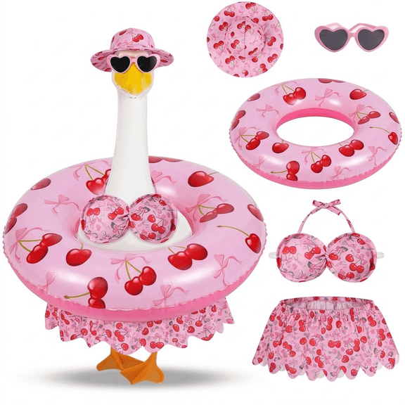 Porch Goose Outfit Set for 23 Inch Geese Statue, Pink Cherry Summer Bikini Clothes with Sunglasses, Hat, Swim Ring and Skirt for Garden Patio Yard Decor