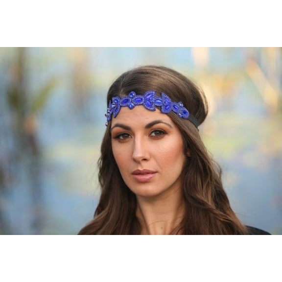 Great Gatsby Headband Blue with Diamonds Gatsby Flapper 1920's Rhinestone and Beaded Headband. Adjustable Band to Fit Any Head.