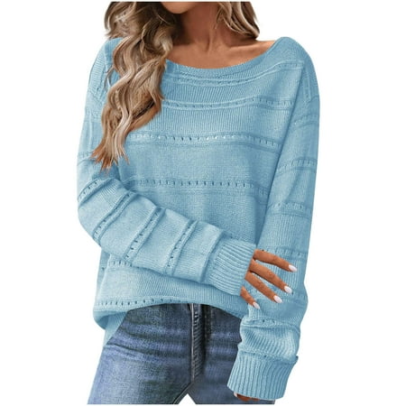 HAiming Womens Sweaters Hollow out Crochet Long Sleeve off the Shoulder Pullover Tops Dressy Casual Cute Outfits
