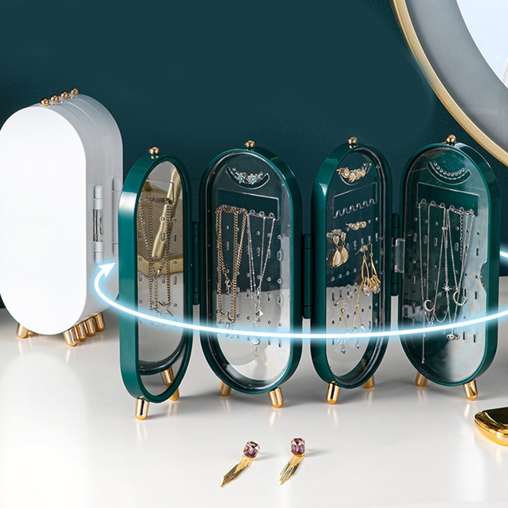 Zeiwohndc Nordic Luxury Jewelry Display Rack Storage for Case Hanging Necklace Earrings Box 4 Doors Foldable Screen Mirror Organiz