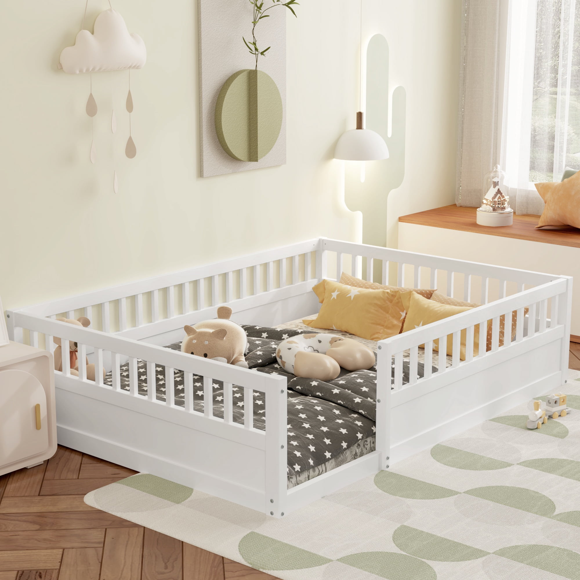 Aukfa Full Size Bed Frame with High Fence, Wood Montessori Floor Bed for Kids Toddler, White