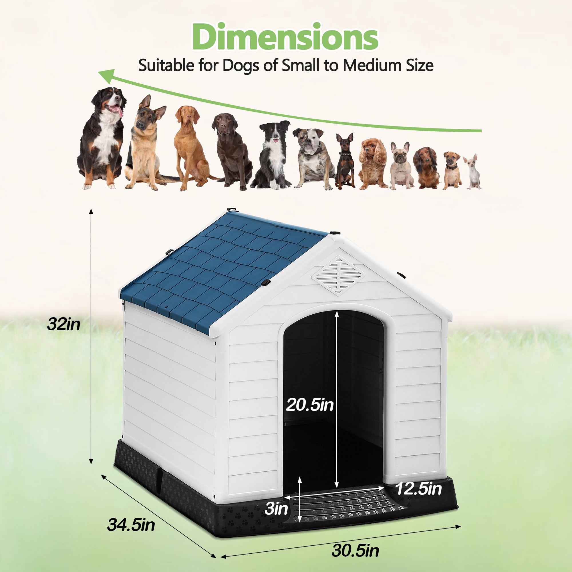 YRLLENSDAN 41/35/ 27 inch Plastic Dog House Outdoor, Waterproof Dog Houses for Small Dogs House with Air Vents and Elevated Floor Indoor Weatherproof Doghouse for Small Dogs