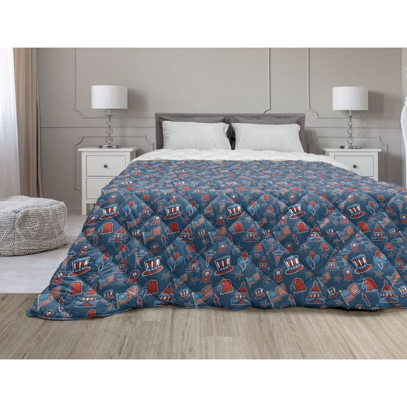 4th of July Down Alternative Comforter, Rockets and Hearts Celebration Freedom of the United States Flag Design, Microfiber Quilt for All Season, 5 Sizes, Red Royal Blue, by Ambesonne