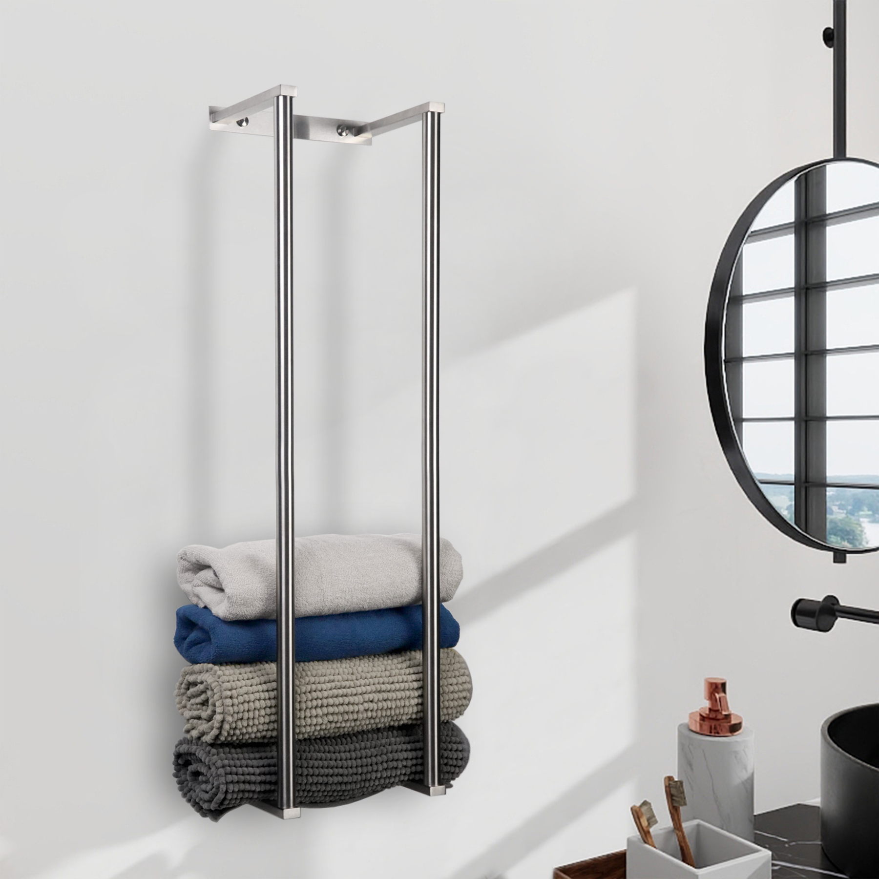 Bathroom Wall Mounted Towel Rack, Silver Metal Holder for Large Towels & Washcloths, Space
