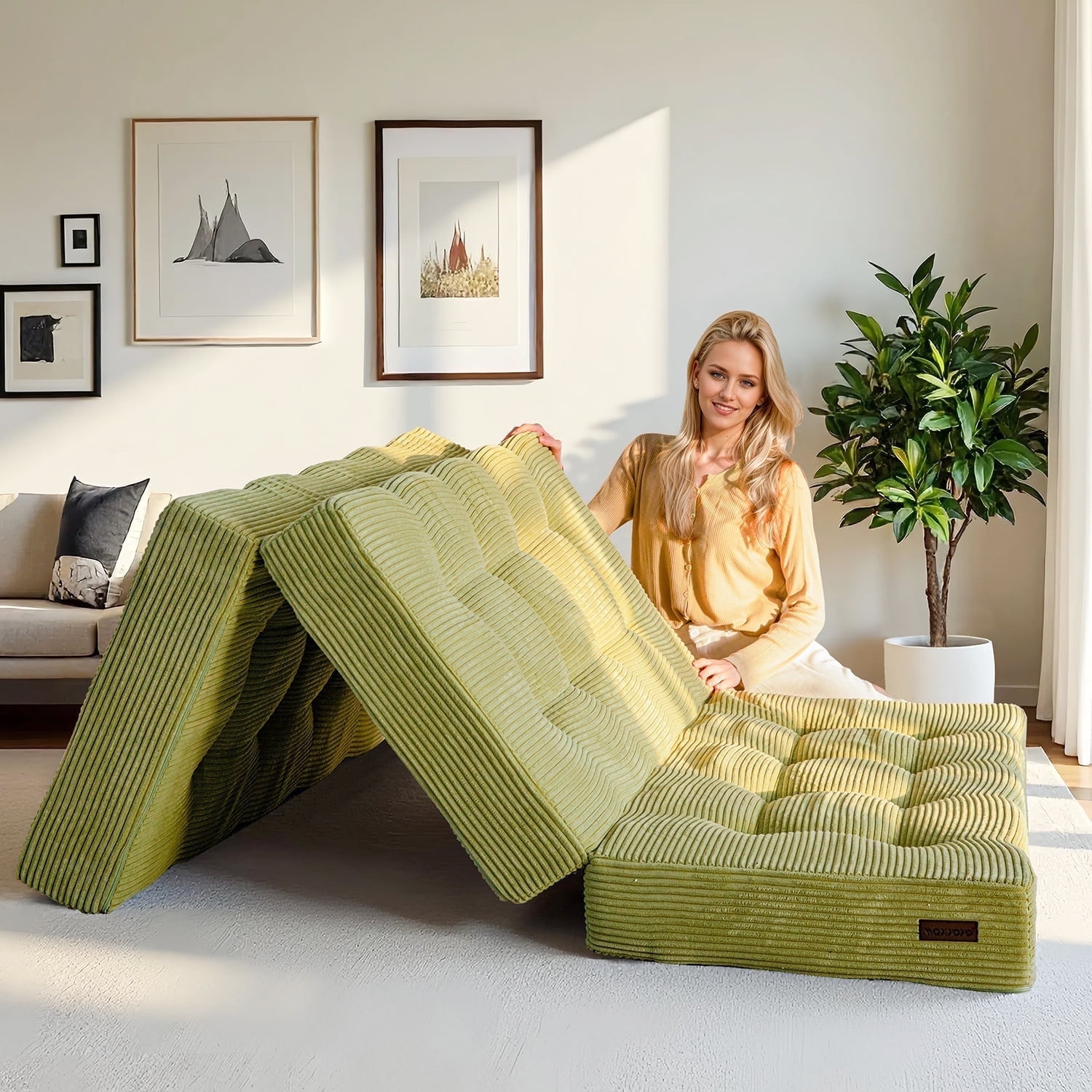 BYBYME 6 inch Tri-Fold Mattress,Corduroy Folding Mattress Made of a Whole Foam,Memory Foam Mattress Topper Perfect for Sleeping,Camping,Full,Green