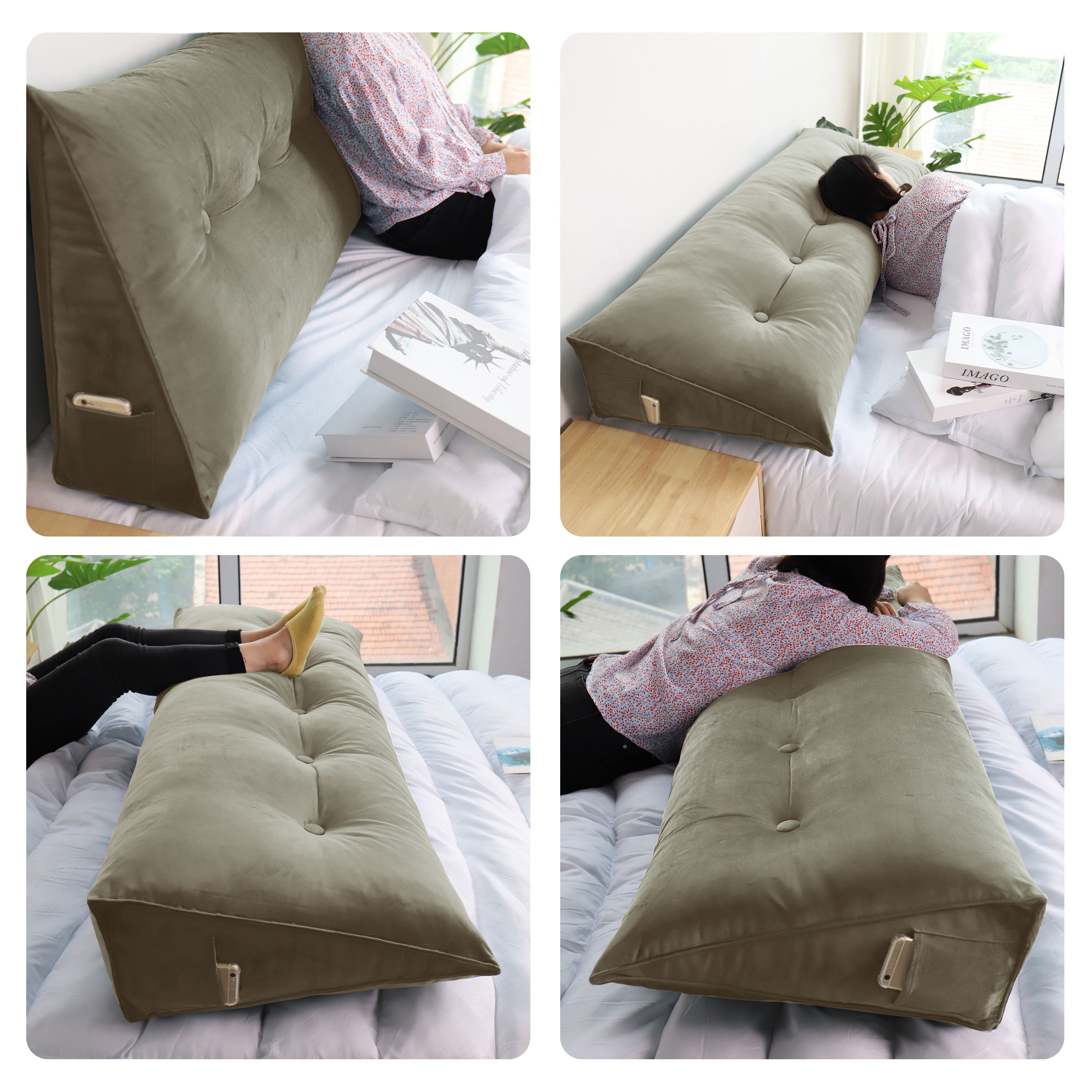 WOWMAX Large Bolster Triangular Reading Backrest Positioning Support Wedge Pillow Headboard for Day Bed Bunk Bed RV/Trailer with Removable Cover Full Velveteen Light Tan