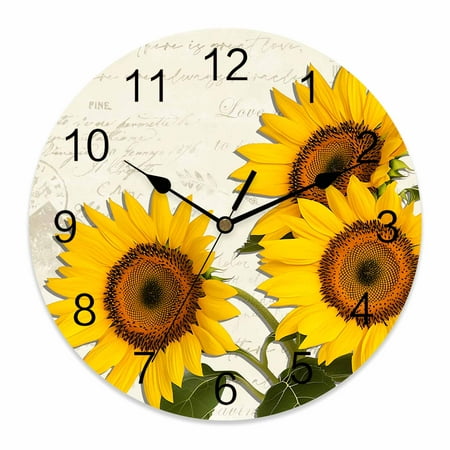 Wall Clock Sunflower Clocks PVC Silent Non-Ticking Battery Operated Decorative Farmhouse Floral Plant Round Clock for Home Living Room Kitchen Bedroom Office School Wall Decor 14 Inch