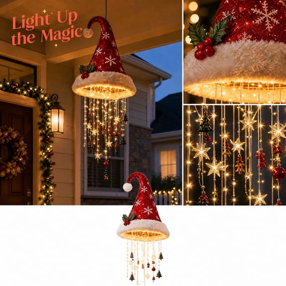 Lighted Christmas Santa Hat Hanging Decoration, Warm LED String Festive Pendant Light with Snowflake Holly Ornaments, Indoor Outdoor Holiday Hanging Ornament for Home Party Seasonal Decor