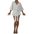 thumbnail image 3 of Biekopu Women's Summer Romper, 3/4 Sleeve V Neck Button Down Belted Jumpsuit Shorts，Casual Daily Wear,S/M/L, 3 of 9