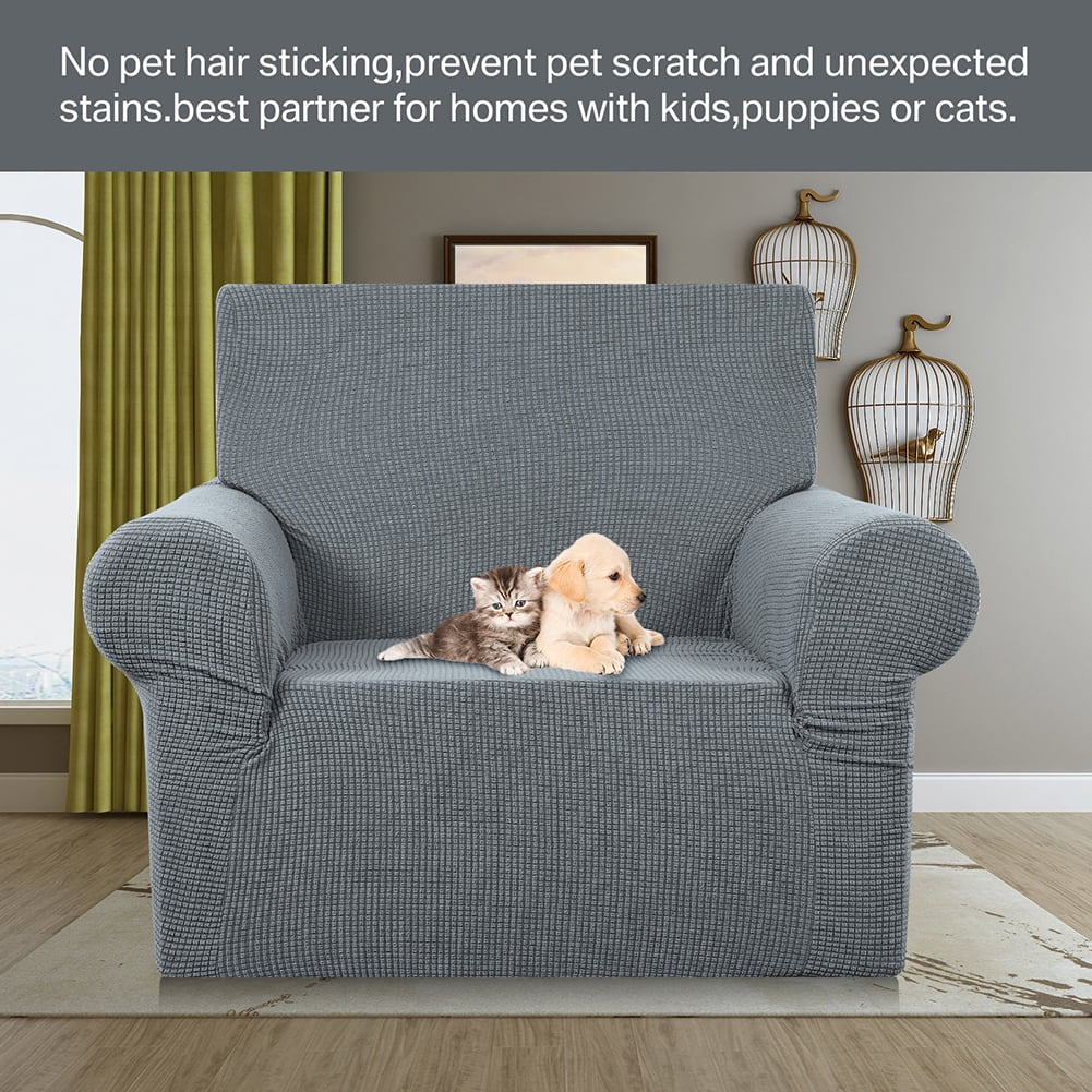 Stretch Single Sofa Slipcover 1 Piece Couch Sofa Cover Furniture Protector 1 Seater Sofa with Elastic Bottom for Kids and Pets,Jacquard Small Checked Pattern Fabric（with Velcro）