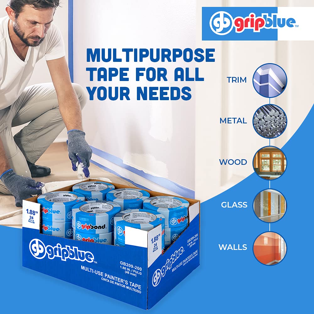 GripBlue Blue Painter’s Tape 2 Inch (1.88 in) x 60 Yards, 24 Rolls Contractor Pack, Multi-Surface Masking Tape, Clean Removal