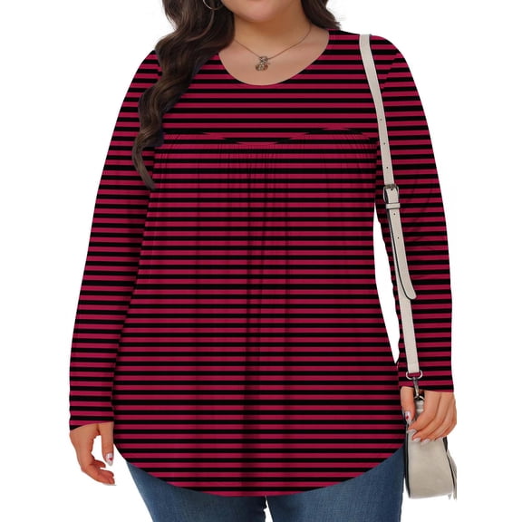 ylioge Stripe Tops for Women Plus Size L-5X Long Sleeve Crewneck Shirts Womens Casual Loose Pullover Pleated Loungewear Going-Out Oversized Top