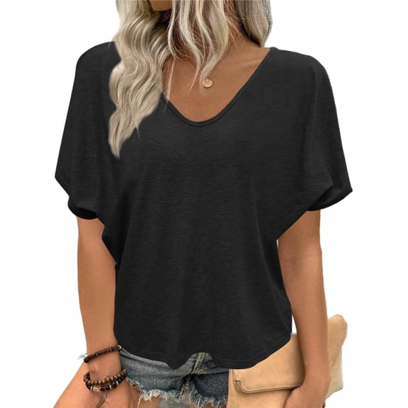 Staron Women's V-Neck Short Sleeve T-Shirt Casual Loose Batwing Sleeve Solid Color Blouse Top, Black 5XL