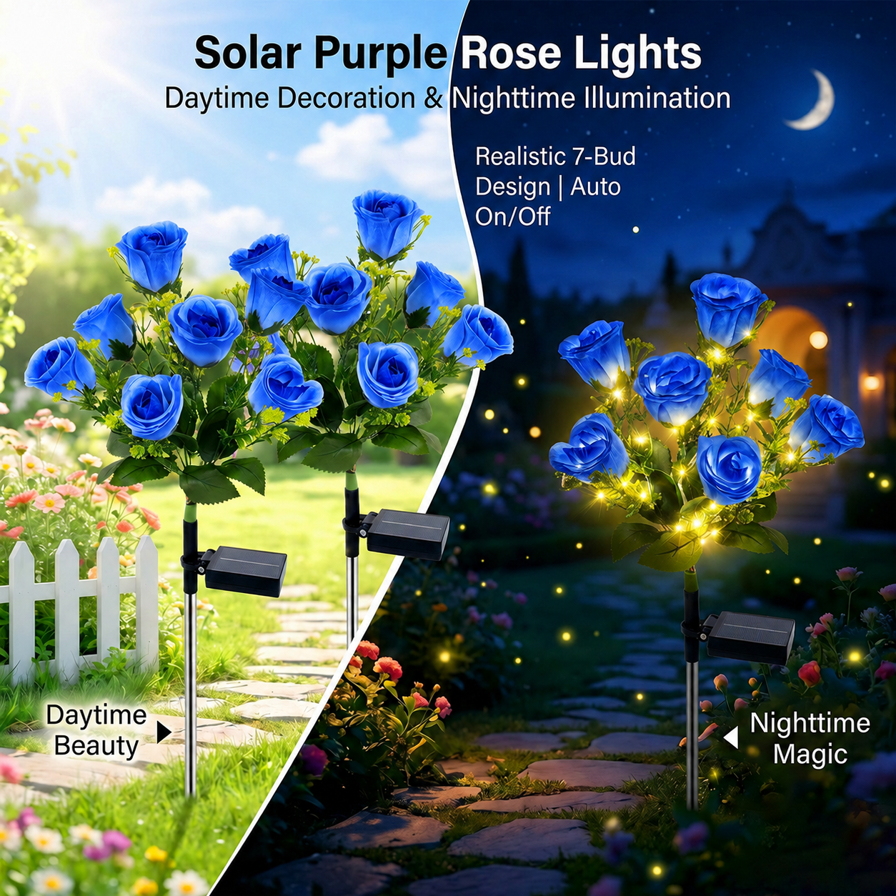 Rirool Solar Rose Flower Garden Stake Lights 2-Pack Blue photo 6