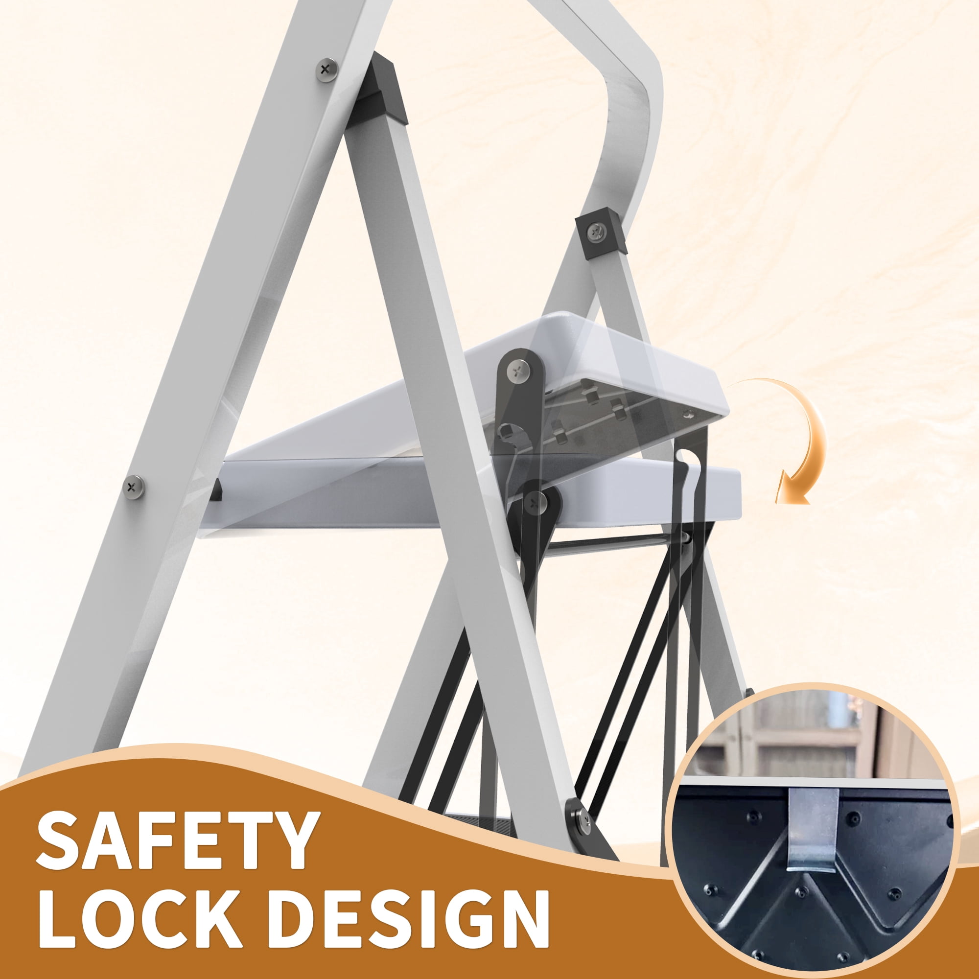 LevLad 4 Step Ladder with Safety Lock, Non-Skid Wide Steps,Household Folding Ladder for Home, Garden, Painting, Outdoor, Garage, White