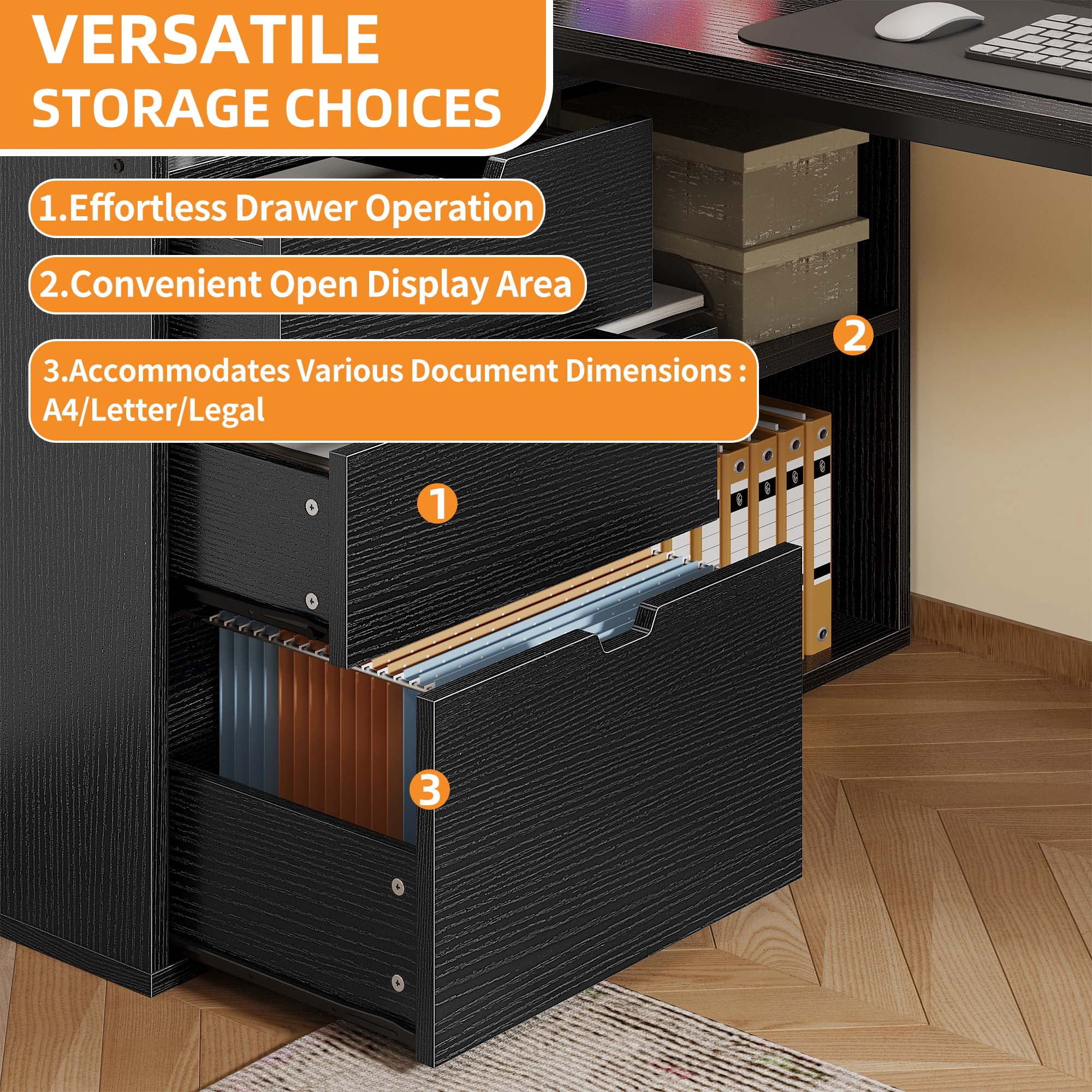 Craftian L Shaped Desk with Power Outlets & LED Lights, Computer Desk with 3 Drawers and 3 Storage Shelves, White Office Desk Corner Desk for Home Office, Black