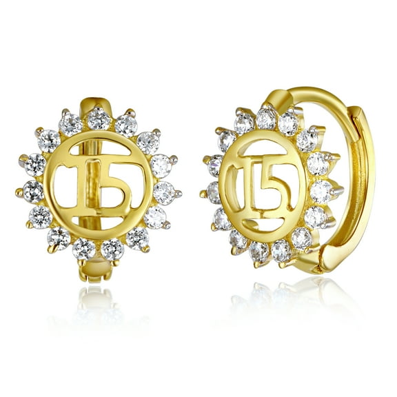 Wellingsale Ladies 14k Yellow Gold Polished CZ Quinceañera Huggies Hoop Earrings
