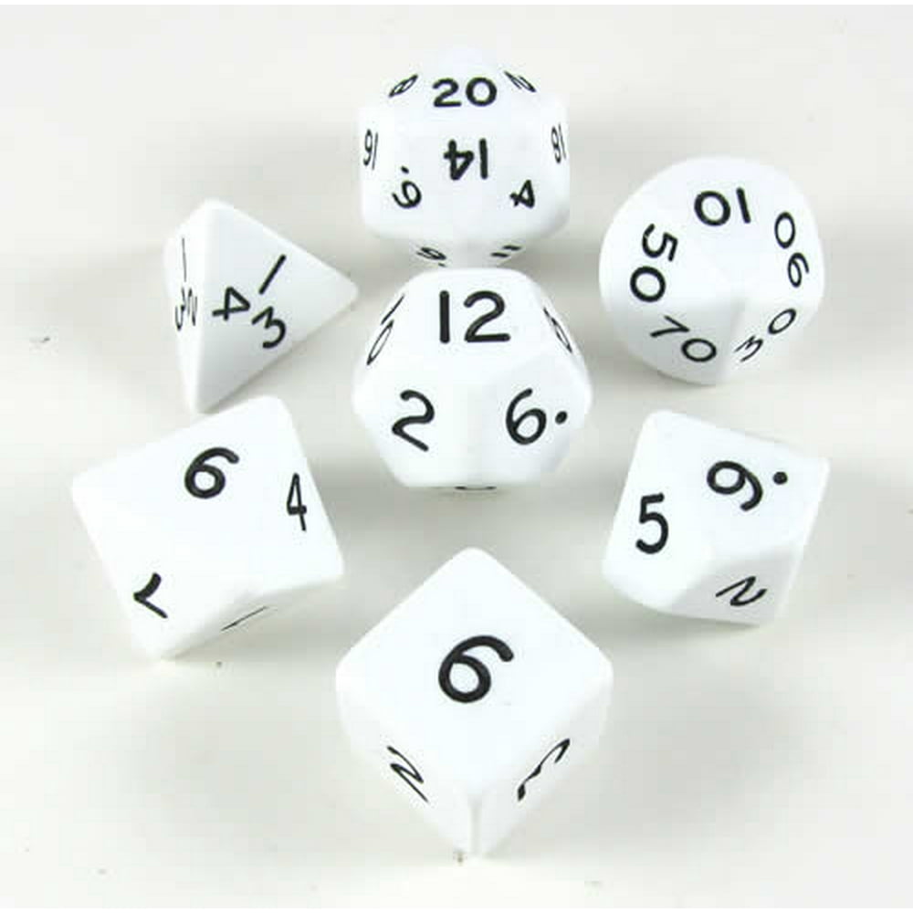 White Jumbo Dice with Black Numbers D6 24mm (15/16in) Set of 7 Koplow Games
