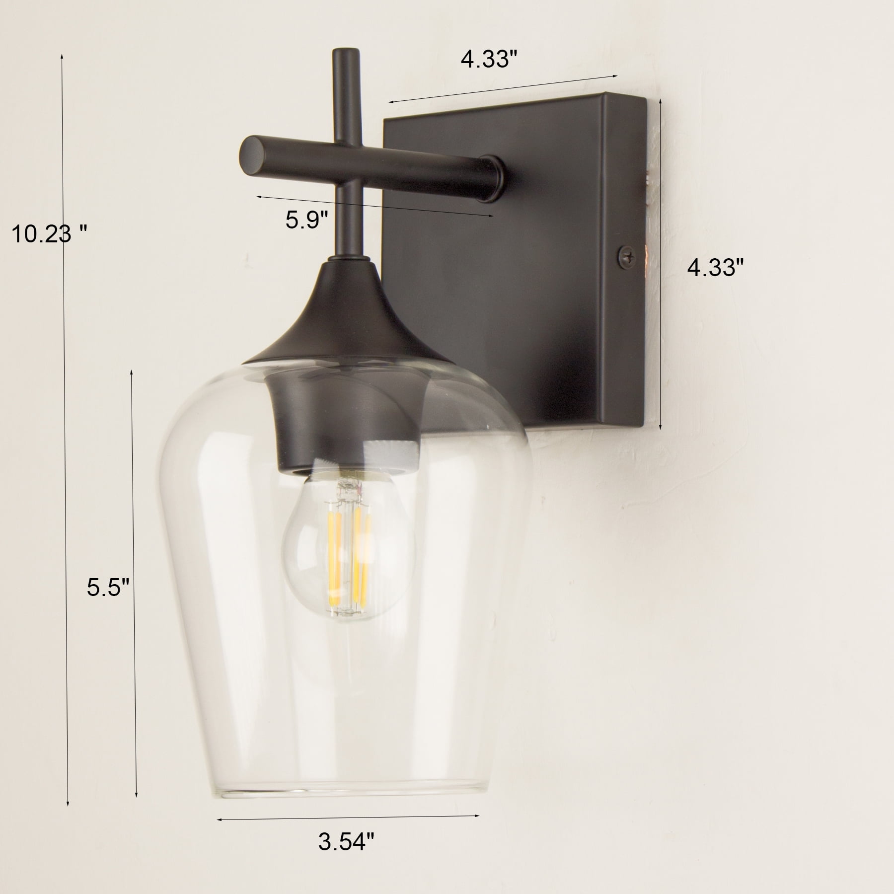 Homechoose Bathroom Light Fixtures, 1-Light Matte Black Dimmable Incandescent Corded Electric Vanity Lights with Clear Glass Globe