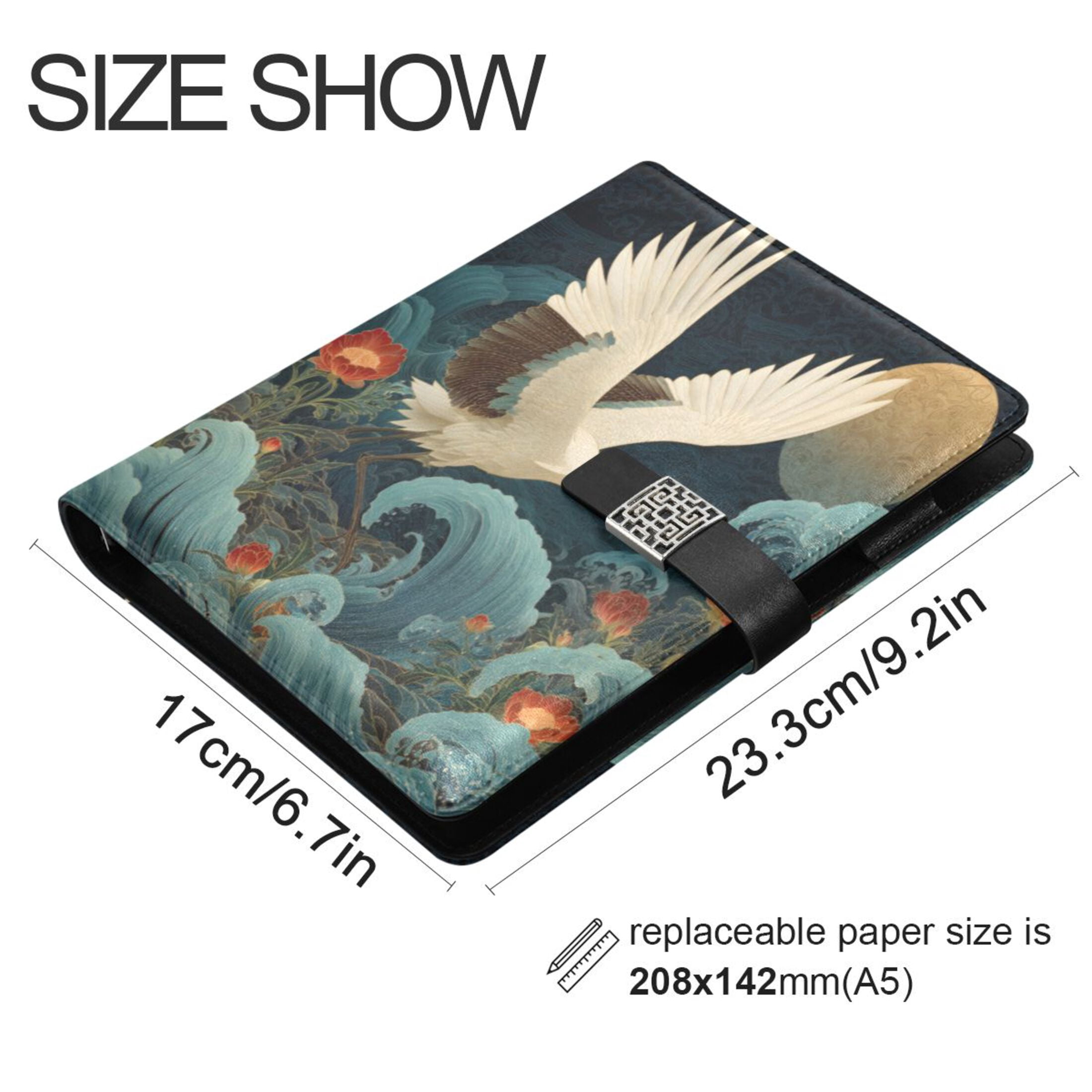 Leather Planner Leather Notebook Notebook Journal Binder Design Pen Pocket Design Convenient for Storage Crane Sea Waves