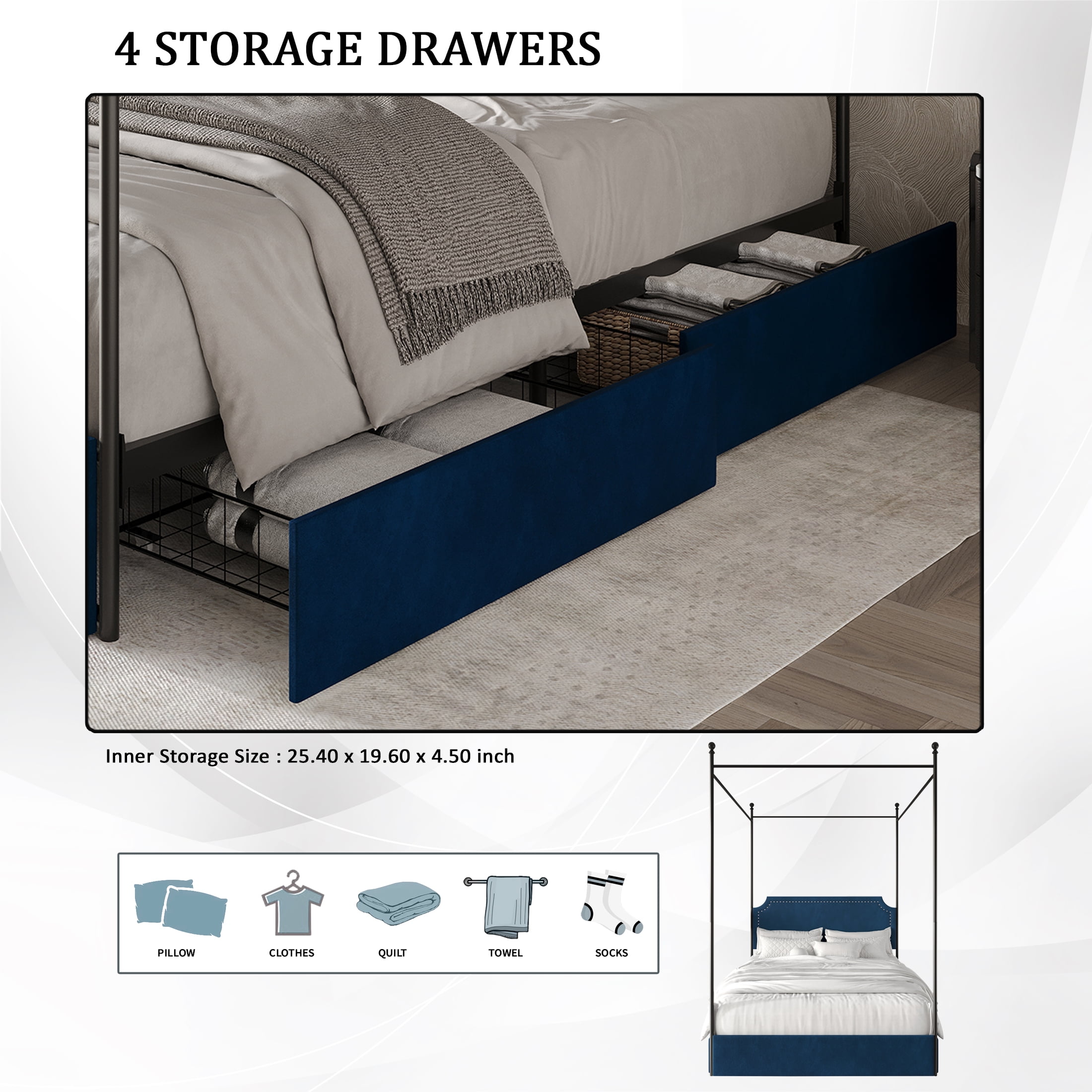 Castle Place Sleek Upholstered Nailhead Trimmed Queen Metal Platform Bed with 4 Storage Drawers, Navy Blue